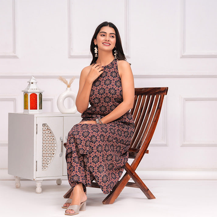 Navy Blue and maroon Ajrakh printed cotton coord set