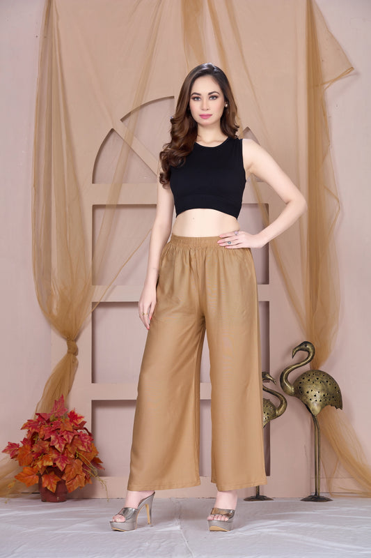 Flared Gold Palazzo Pants With Pocket