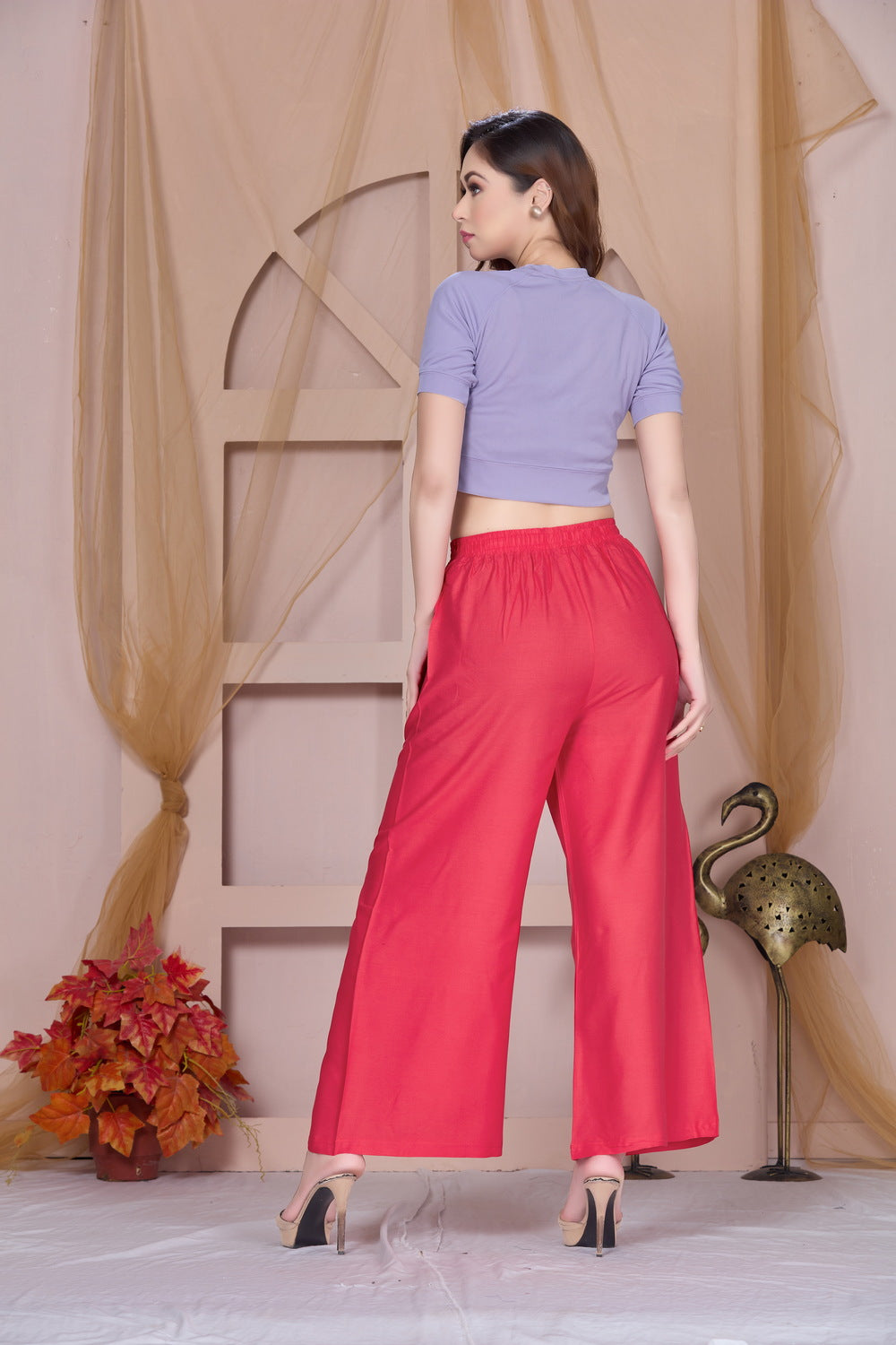 Flared Light Coral Palazzo Pants With Pocket