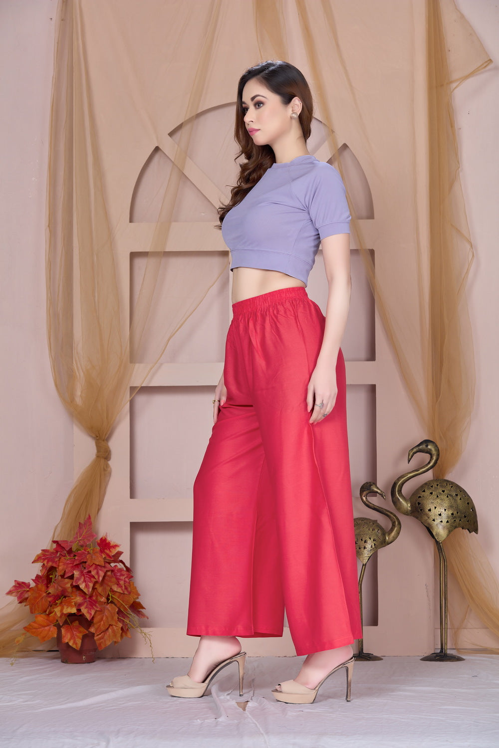 Flared Light Coral Palazzo Pants With Pocket