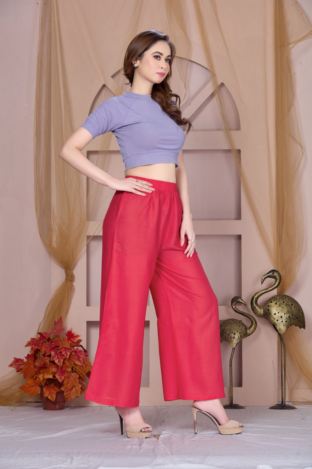 Flared Light Coral Palazzo Pants With Pocket