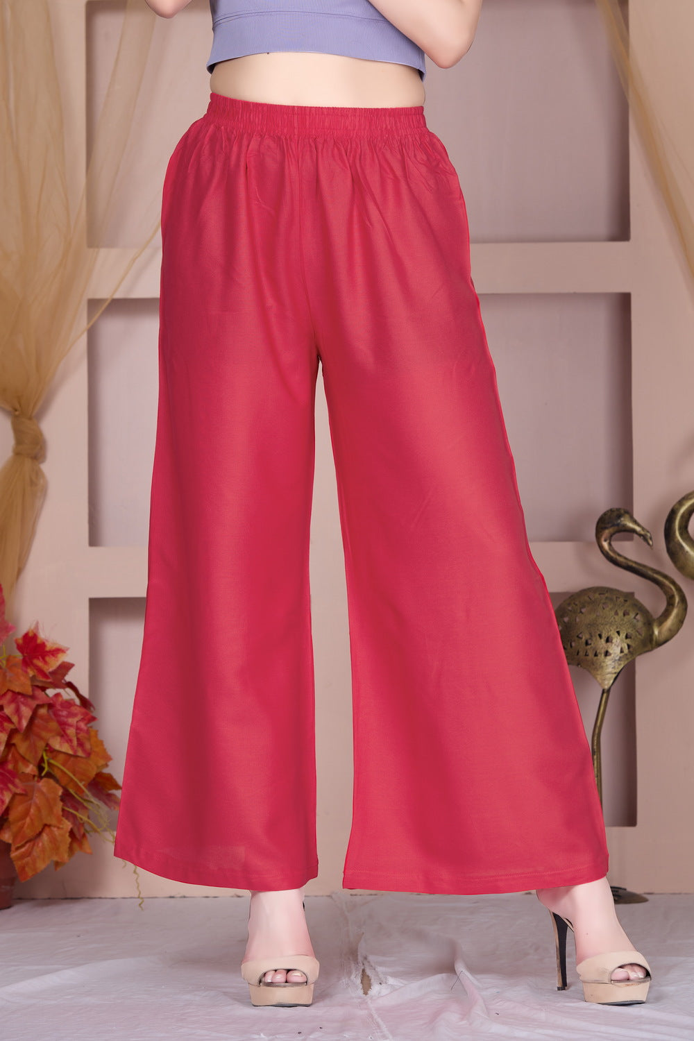Flared Light Coral Palazzo Pants With Pocket