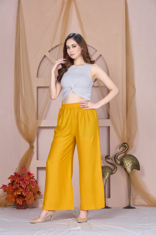 Flared Mustard Palazzo Pants With Pocket