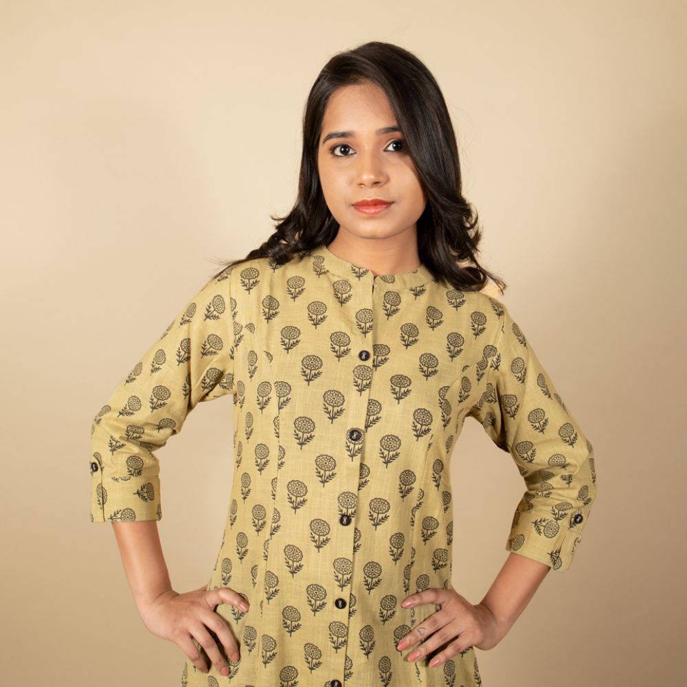 Olive Green & Black Buta Printed Kurti with Pocket