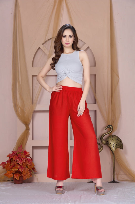 Flared Red Palazzo Pants With Pocket