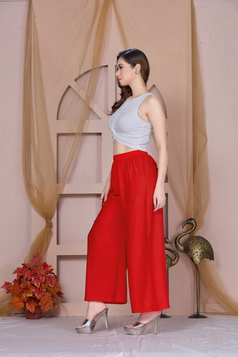 Flared Red Palazzo Pants With Pocket