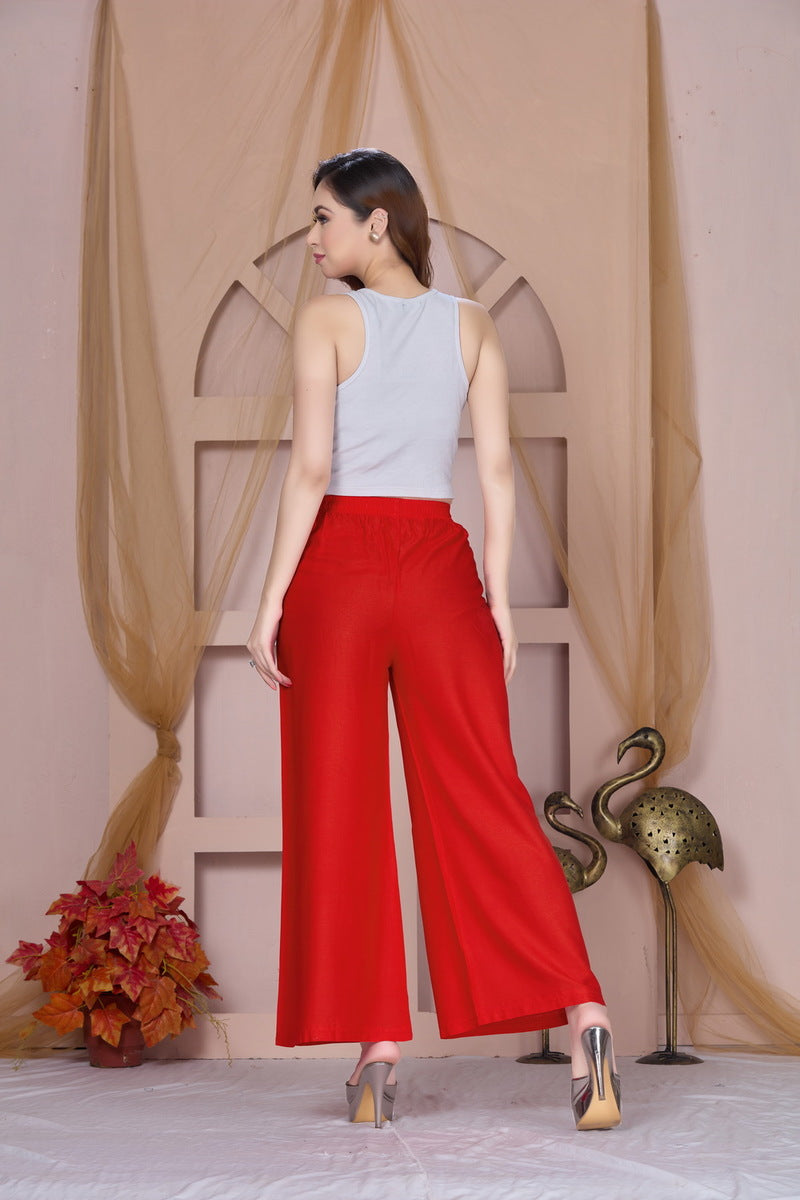 Flared Red Palazzo Pants With Pocket
