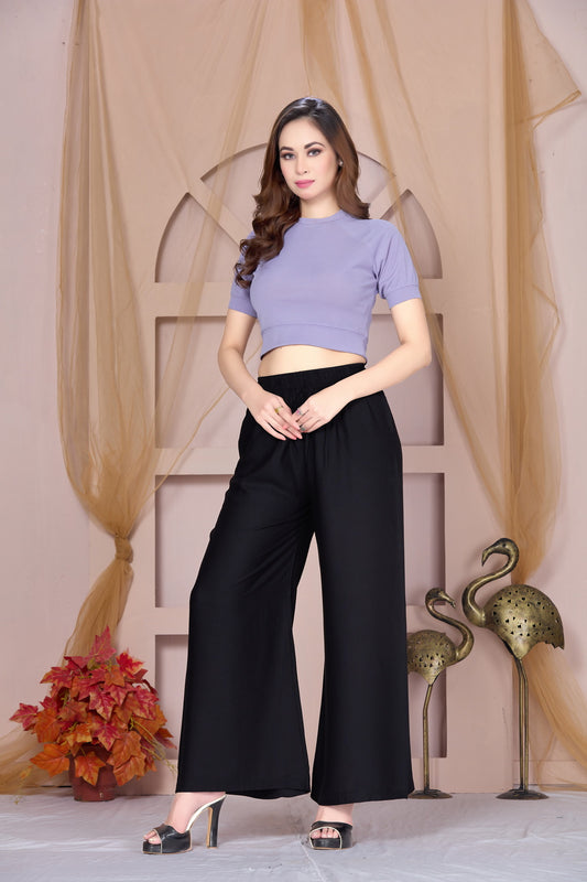 Flared Black Palazzo Pants With Pocket