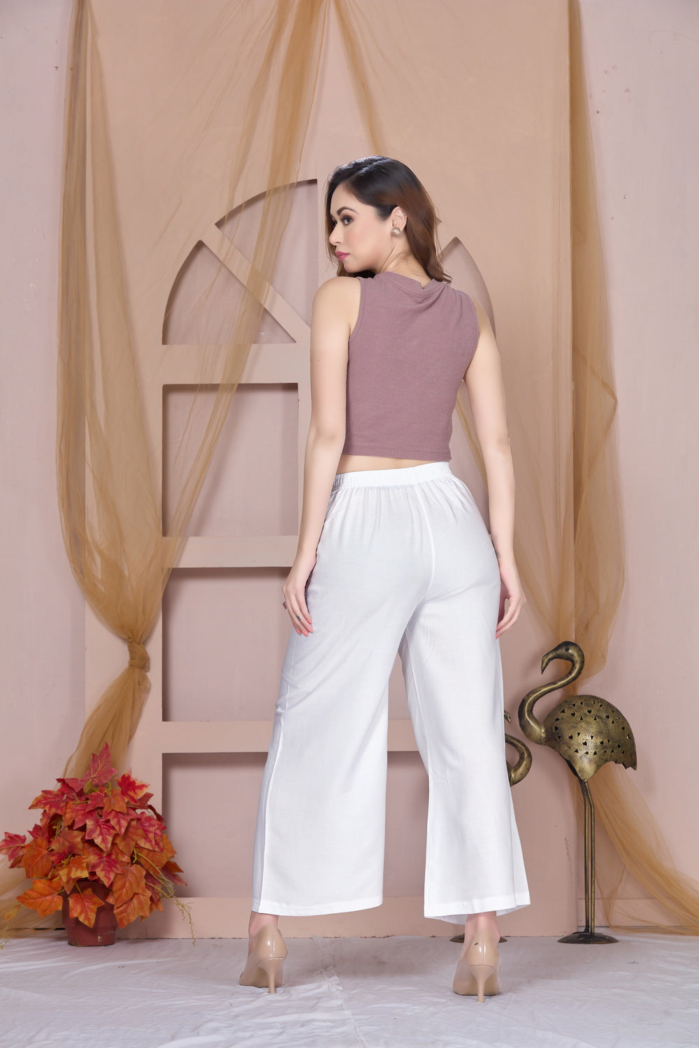 Flared White Palazzo Pants With Pocket