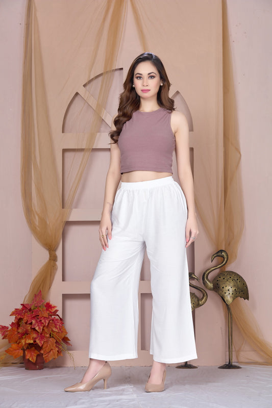 Flared White Palazzo Pants With Pocket