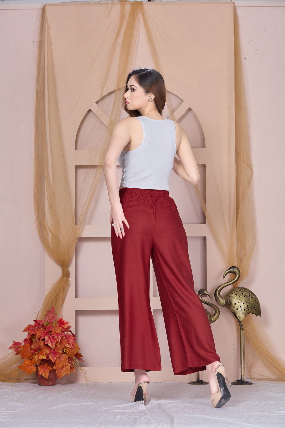 Flared Maroon Palazzo Pants With Pocket