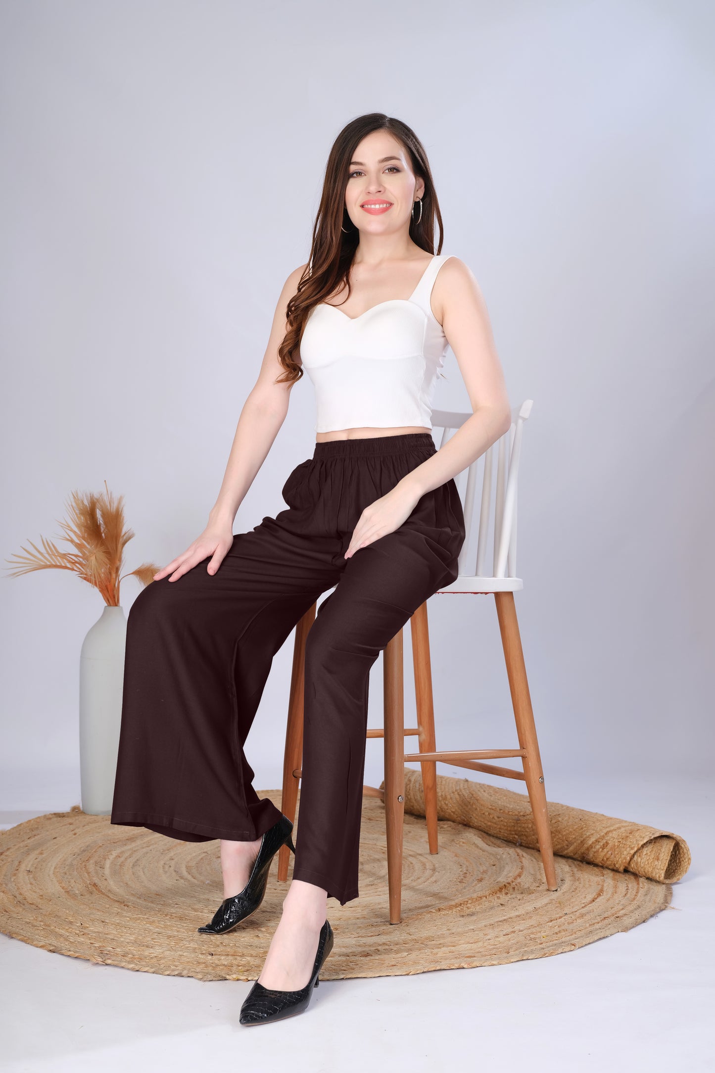 Flared Brown Palazzo Pants With Pocket