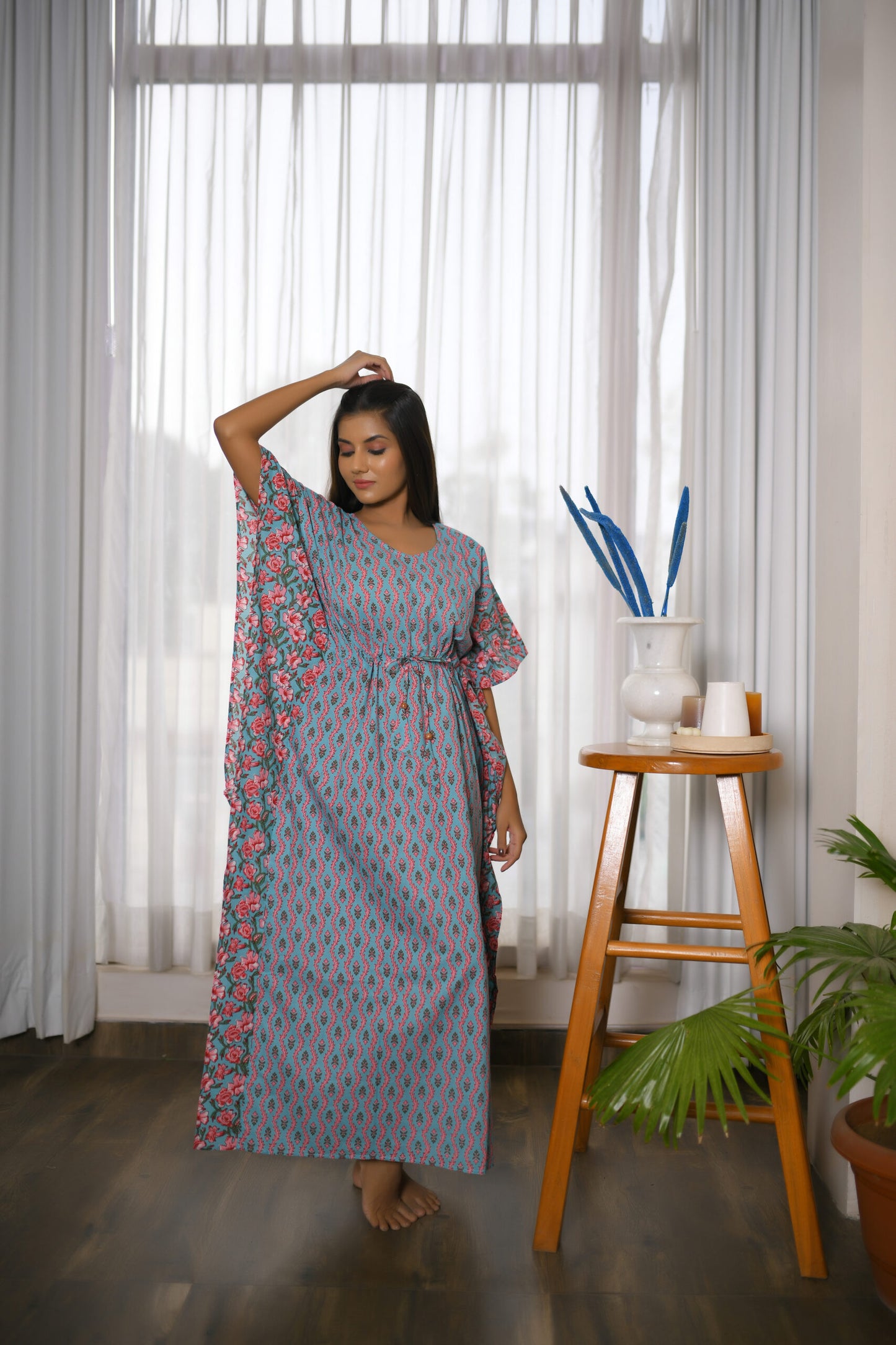 Sea Green Vine & Floral Printed Mix & Match Long Kaftan