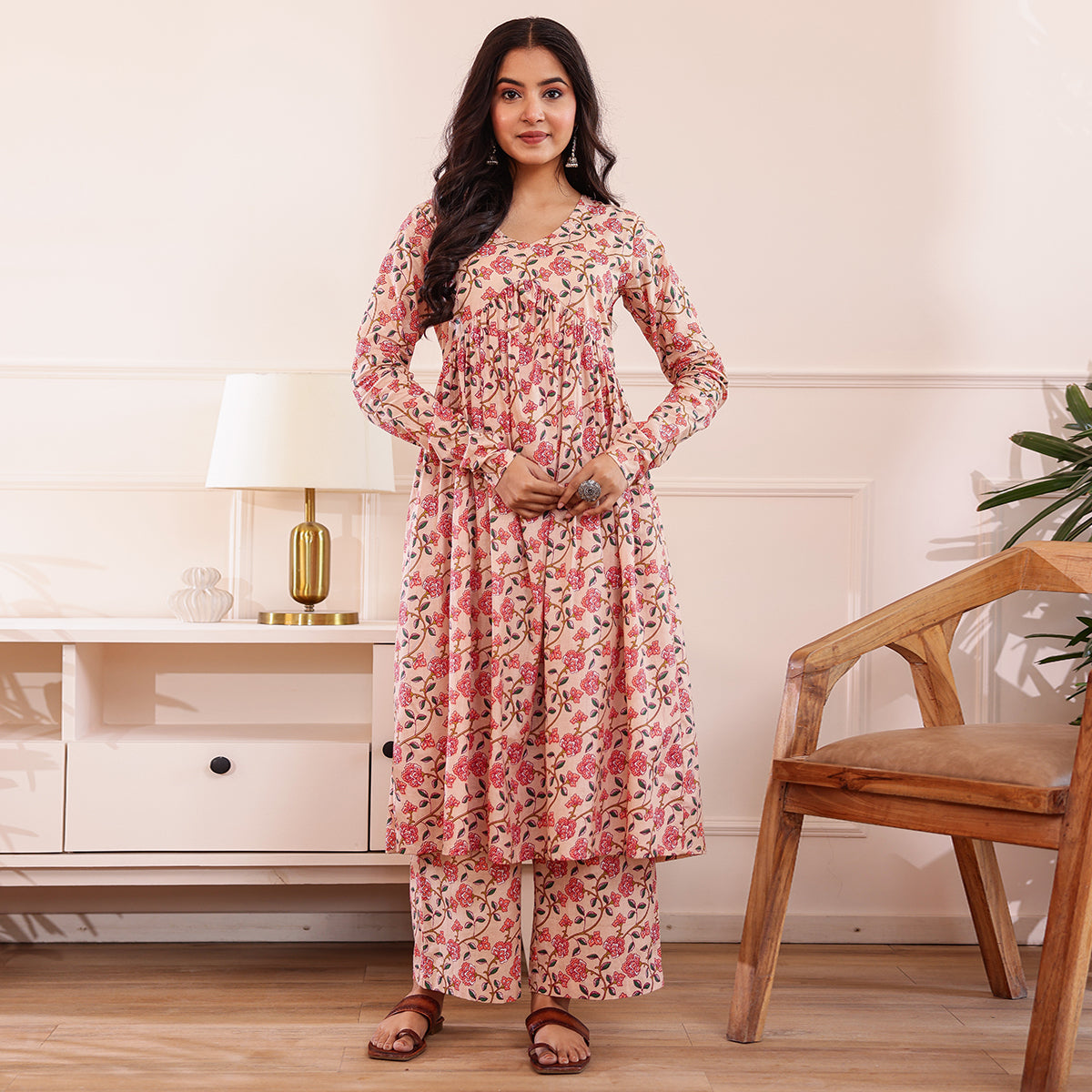 Peach Floral Printed Alia Cut Cotton Co-ord set