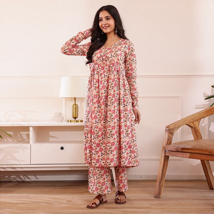 Peach Floral Printed Alia Cut Cotton Co-ord set