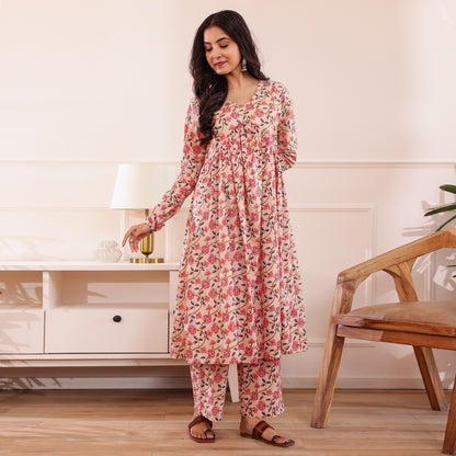 Peach Floral Printed Alia Cut Cotton Co-ord set