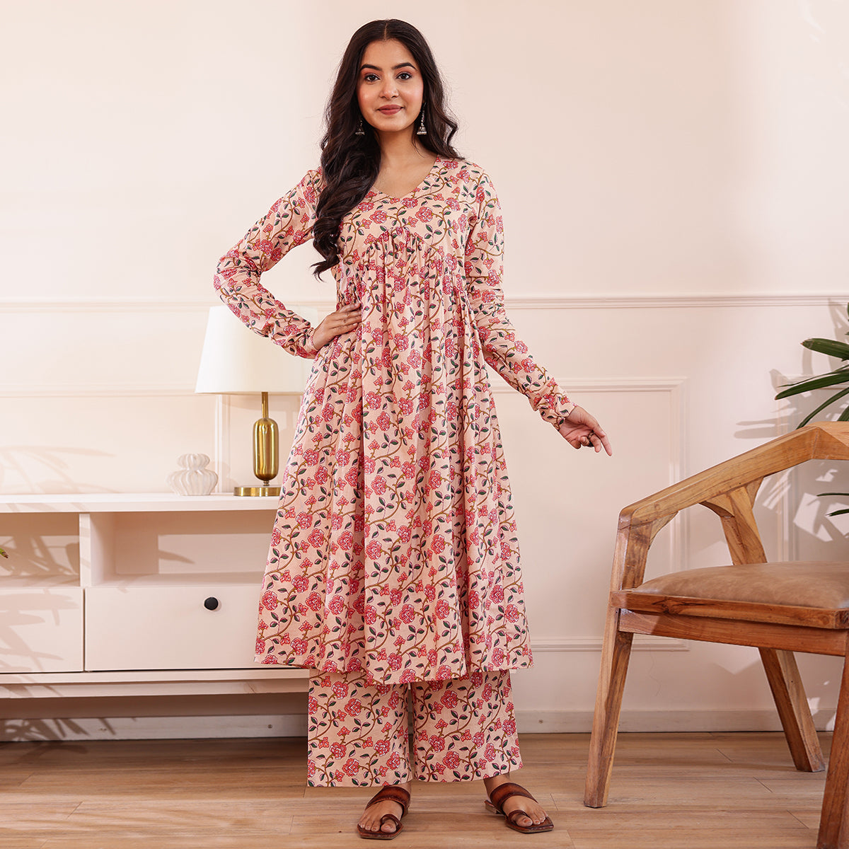Peach Floral Printed Alia Cut Cotton Co-ord set