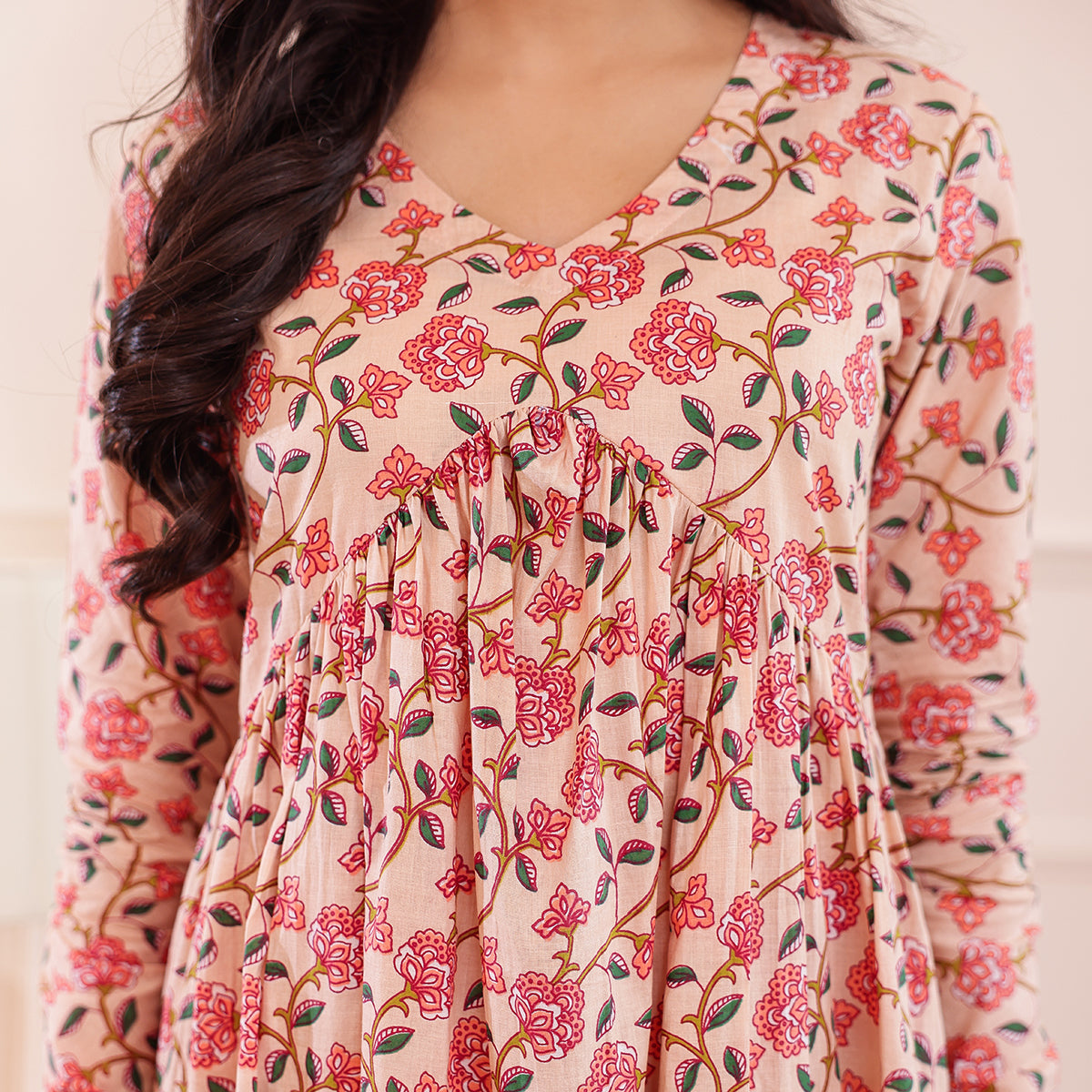 Peach Floral Printed Alia Cut Cotton Co-ord set