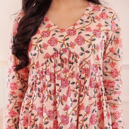 Peach Floral Printed Alia Cut Cotton Co-ord set