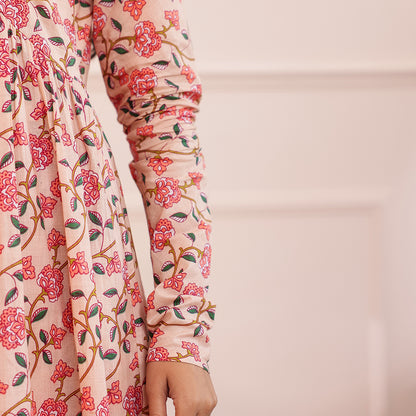 Peach Floral Printed Alia Cut Cotton Co-ord set
