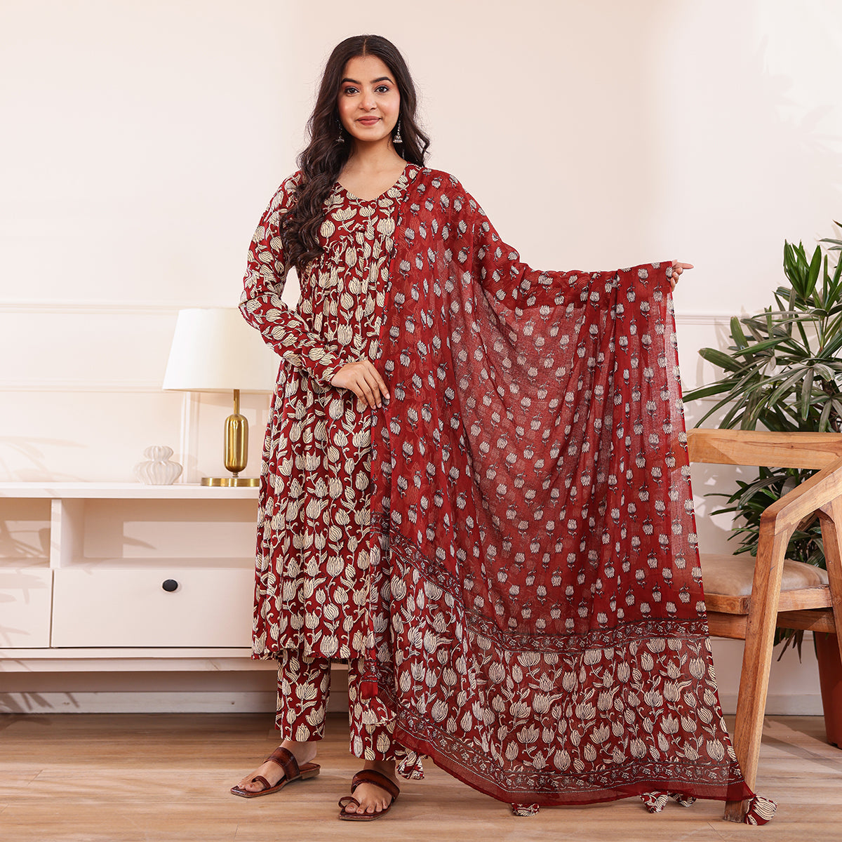 Maroon Floral Print Alia Cut Cotton Kurta with Palazzo and Dupatta Set
