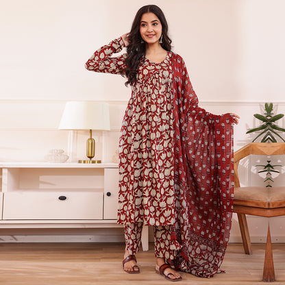 Maroon Floral Printed Alia Cut Cotton Kurta Palazzo Set With Dupatta