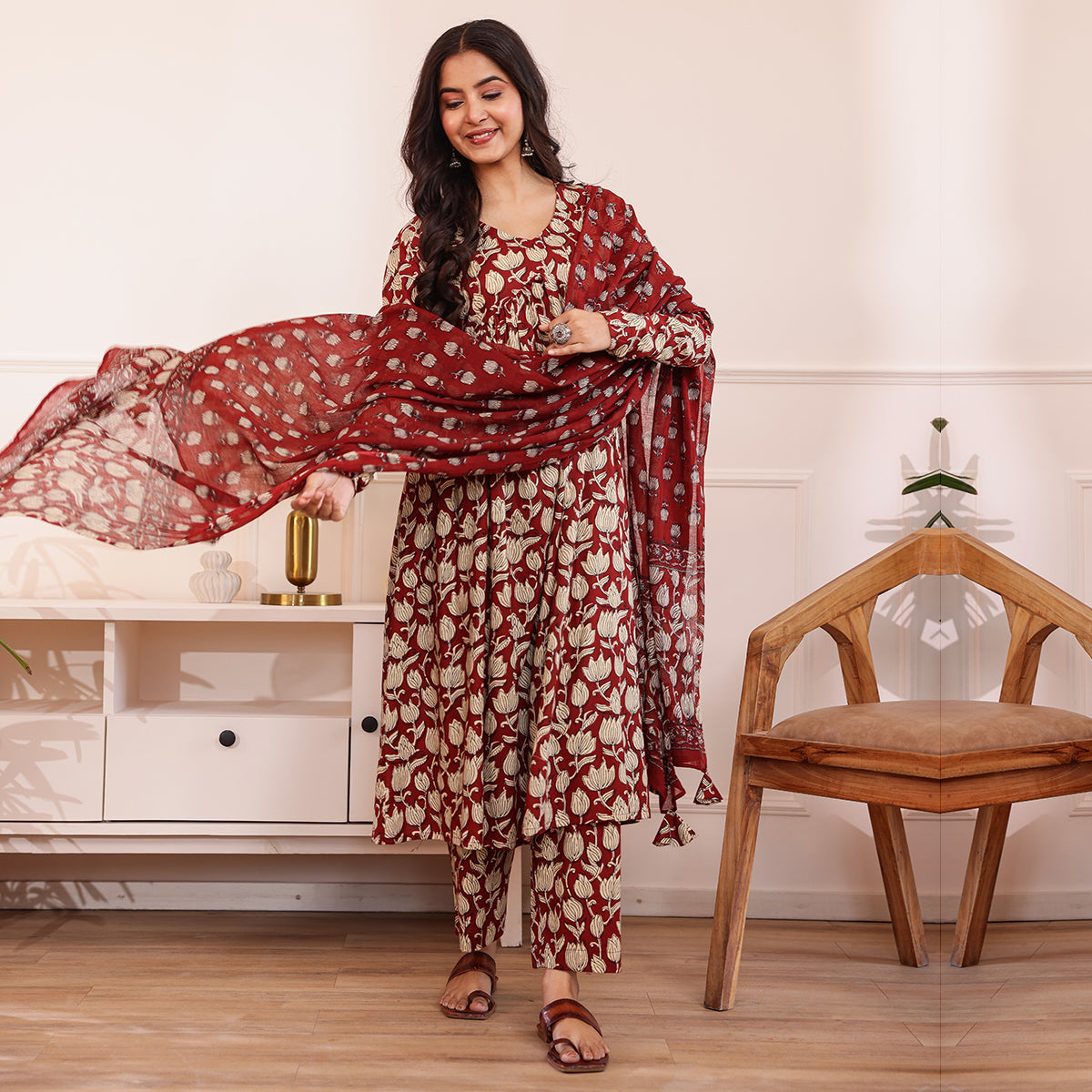 Maroon Floral Printed Alia Cut Cotton Kurta Palazzo Set With Dupatta