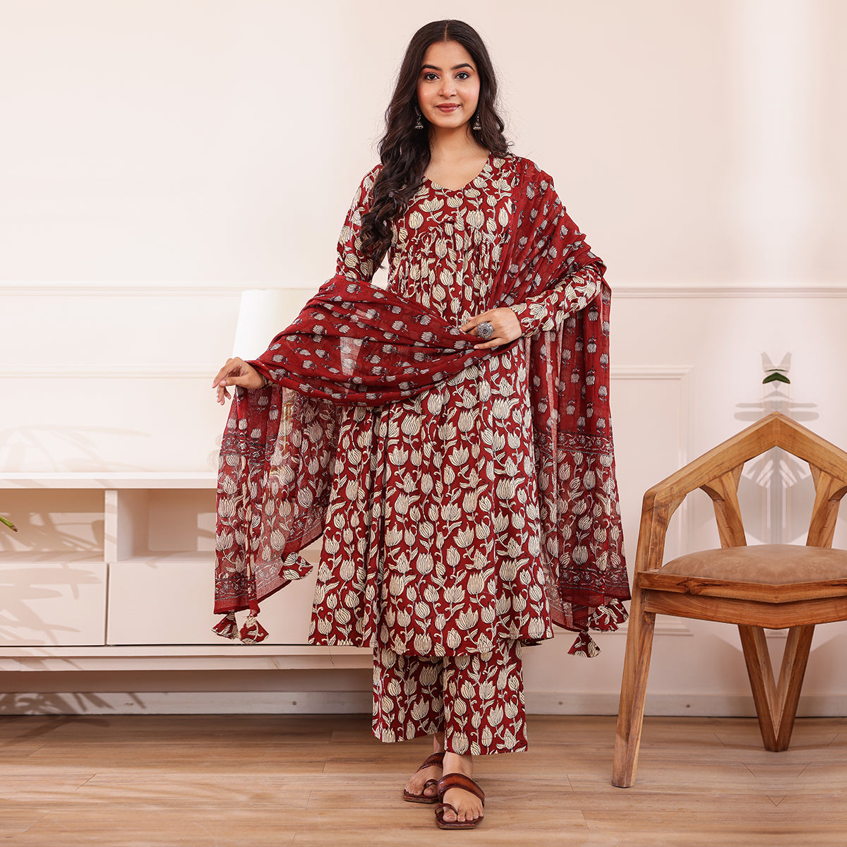 Maroon Floral Printed Alia Cut Cotton Kurta Palazzo Set With Dupatta
