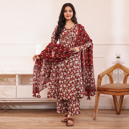 Maroon Floral Printed Alia Cut Cotton Kurta Palazzo Set With Dupatta