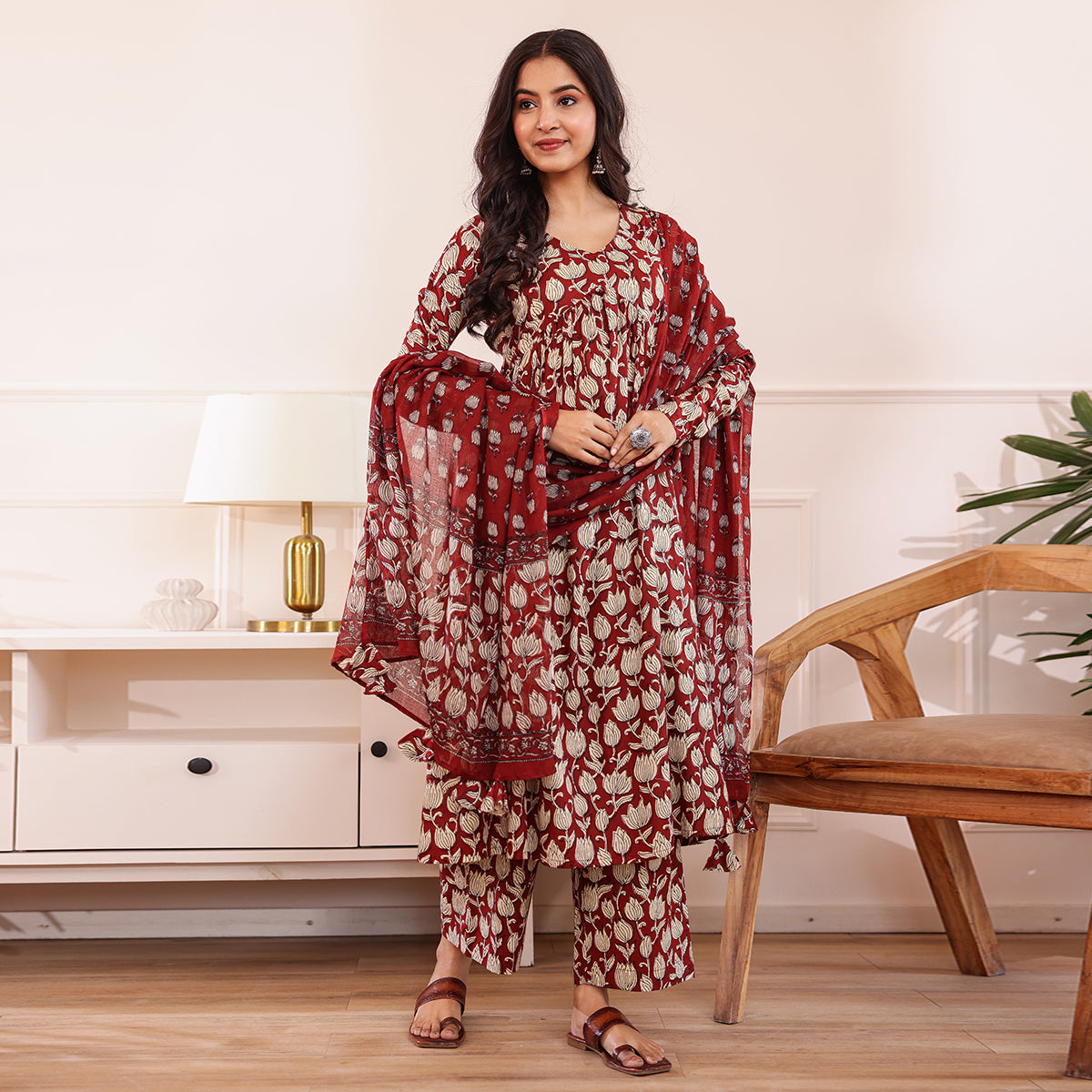 Maroon Floral Printed Alia Cut Cotton Kurta Palazzo Set With Dupatta