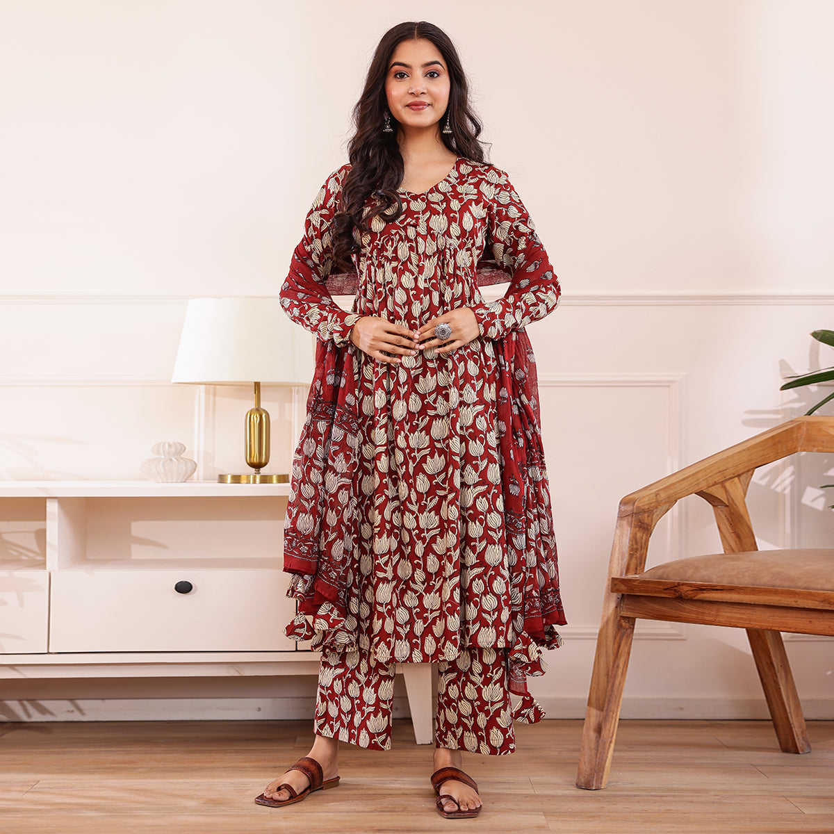 Maroon Floral Print Alia Cut Cotton Kurta with Palazzo and Dupatta Set