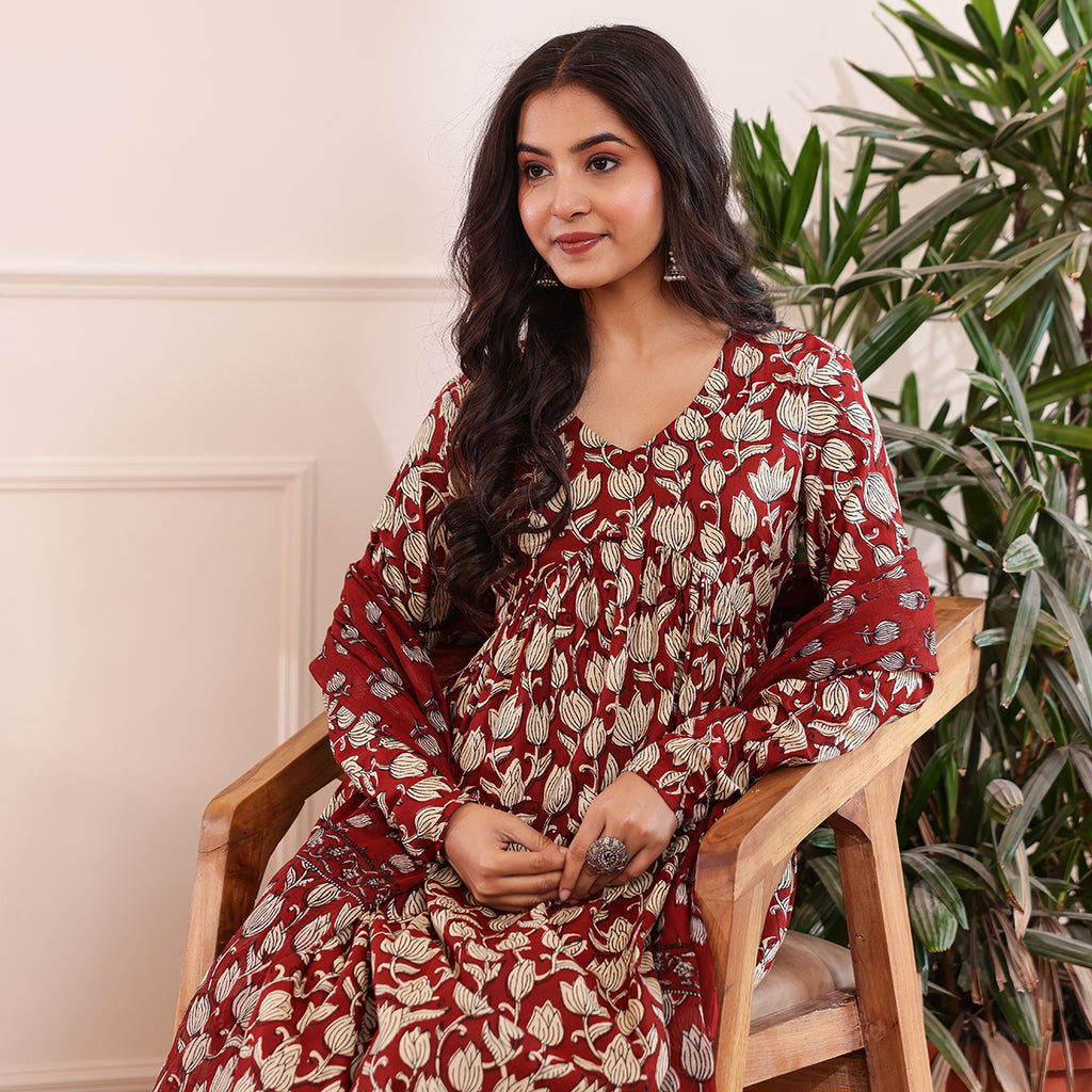 Maroon Floral Printed Alia Cut Cotton Kurta Palazzo Set With Dupatta