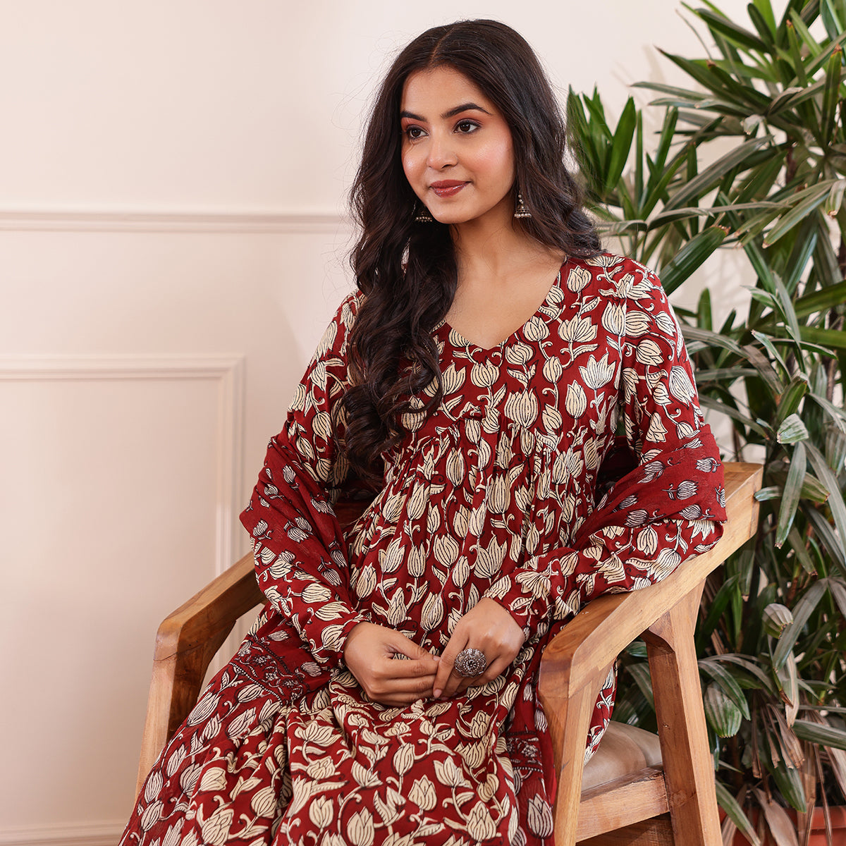 Maroon Floral Printed Alia Cut Cotton Kurta Palazzo Set With Dupatta