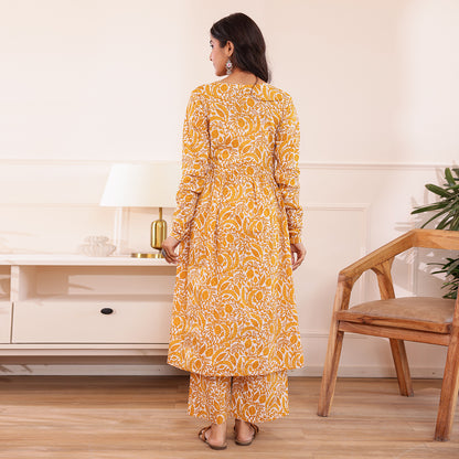 Yellow & White Floral Printed Alia Cut Cotton Co-ord set