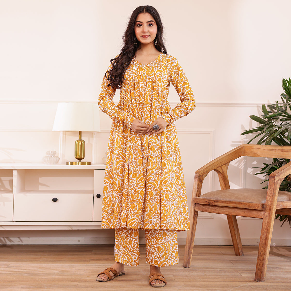 Yellow & White Floral Printed Alia Cut Cotton Co-ord set