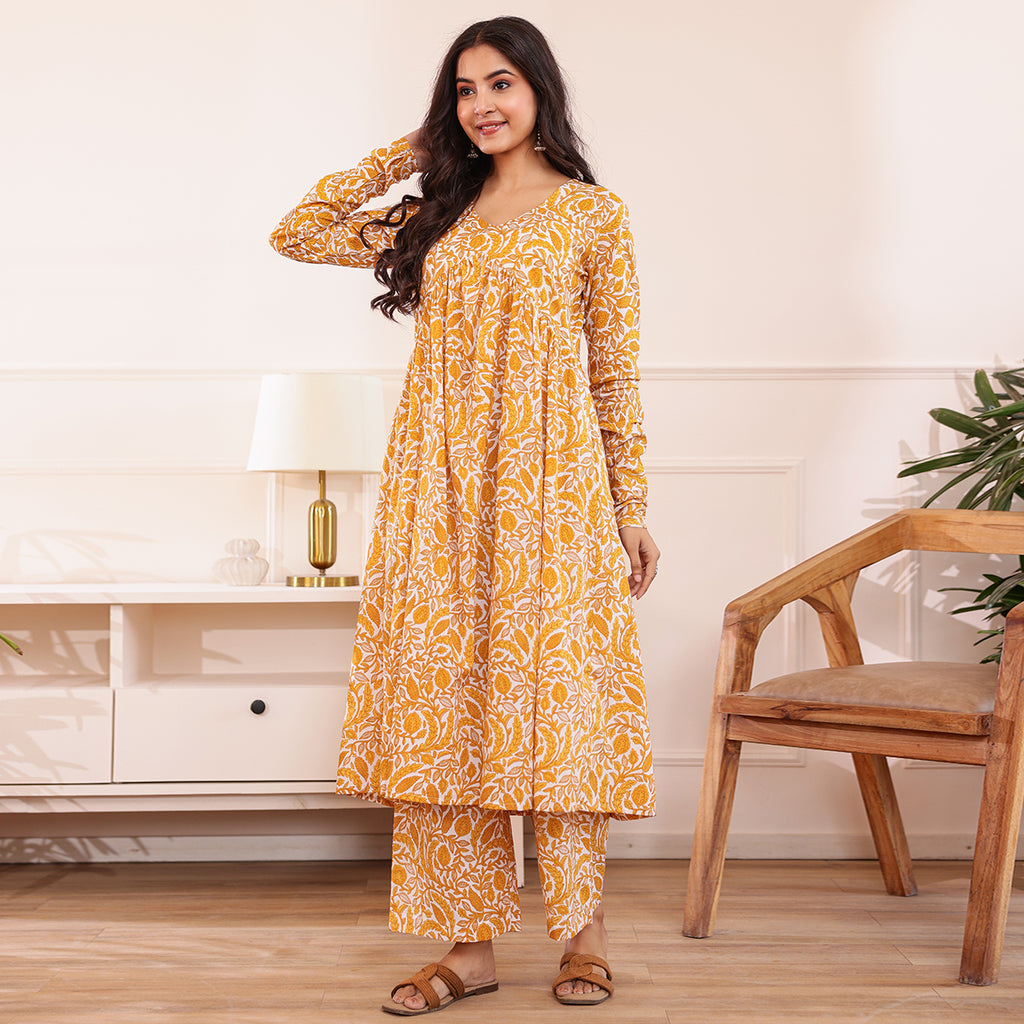 Yellow & White Floral Printed Alia Cut Cotton Co-ord set