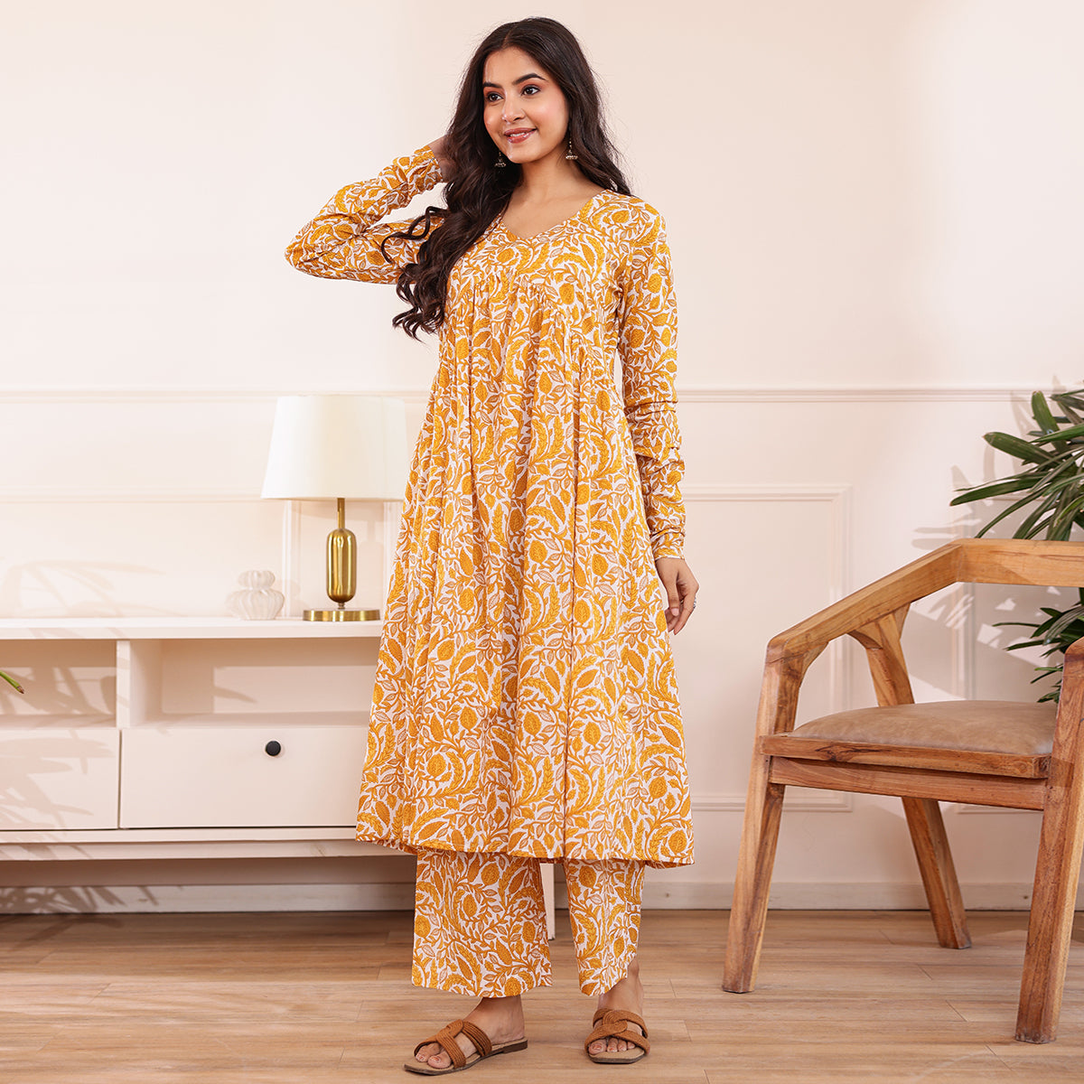 Yellow & White Floral Printed Alia Cut Cotton Co-ord set