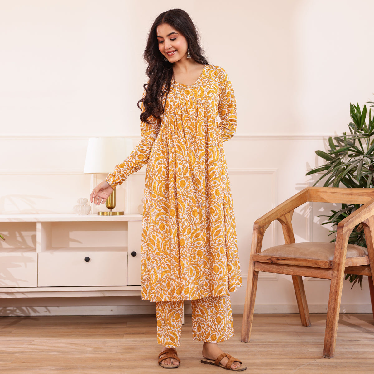 Yellow & White Floral Printed Alia Cut Cotton Co-ord set