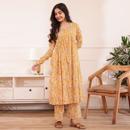Yellow & White Floral Printed Alia Cut Cotton Co-ord set