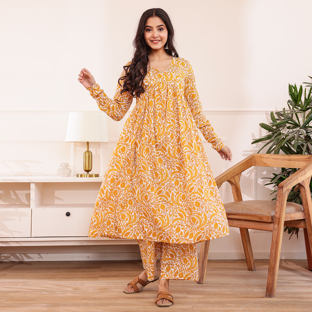 Yellow & White Floral Printed Alia Cut Cotton Co-ord set