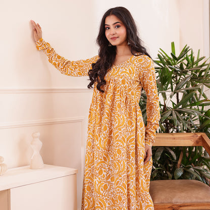 Yellow & White Floral Printed Alia Cut Cotton Co-ord set