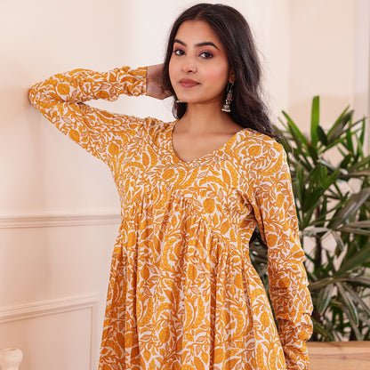 Yellow & White Floral Printed Alia Cut Cotton Co-ord set