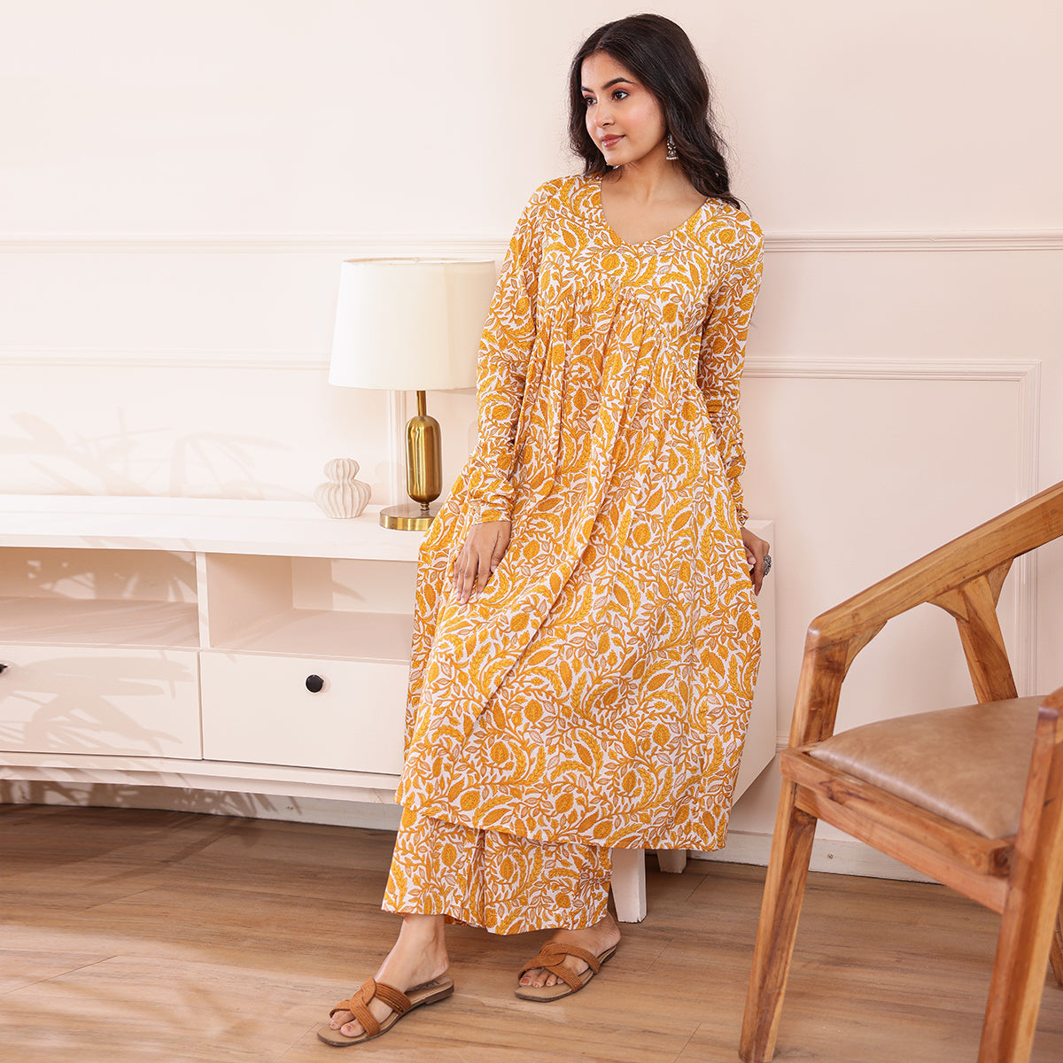 Yellow & White Floral Printed Alia Cut Cotton Co-ord set