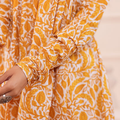 Yellow & White Floral Printed Alia Cut Cotton Co-ord set