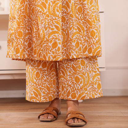 Yellow & White Floral Printed Alia Cut Cotton Co-ord set