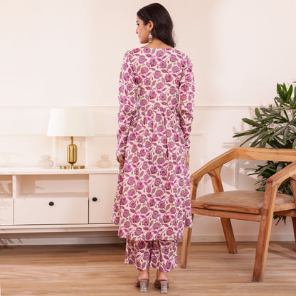 Purple & White Floral Printed Alia Cut Cotton Co-ord set