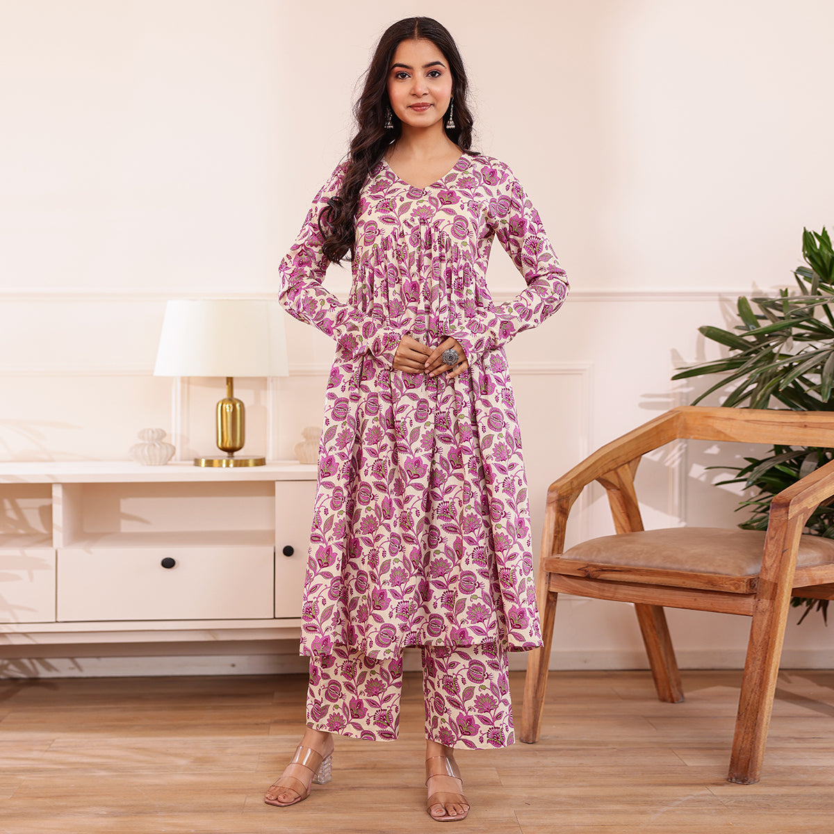 Purple & White Floral Printed Alia Cut Cotton Co-ord set