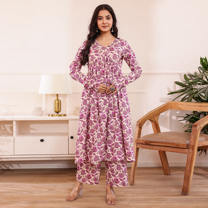 Purple & White Floral Printed Alia Cut Cotton Co-ord set