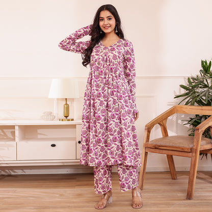 Purple & White Floral Printed Alia Cut Cotton Co-ord set