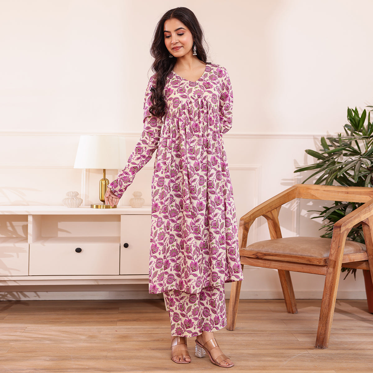 Purple & White Floral Printed Alia Cut Cotton Co-ord set